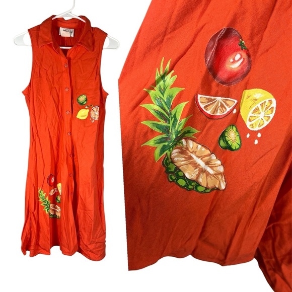 Vintage Jeffrey & Dara Fruit Button Front Midi Dress 10 - Picture 1 of 7